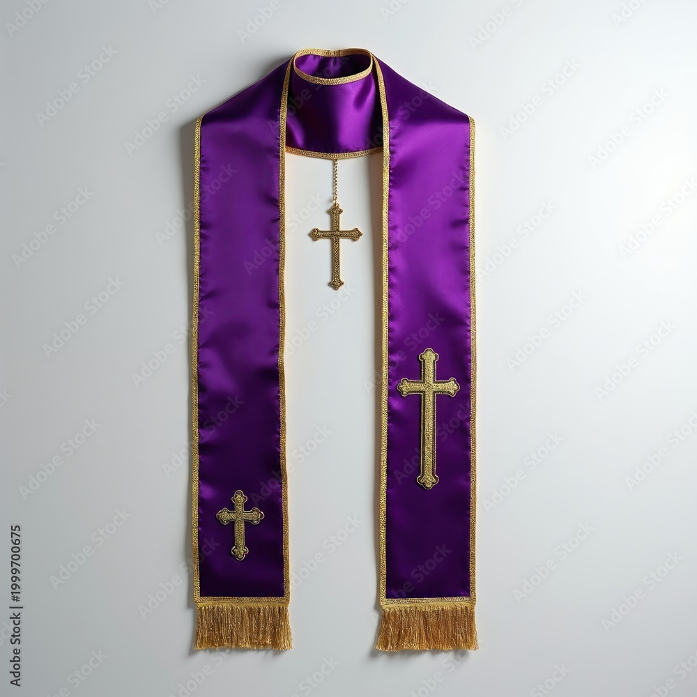 Naklejka premium Purple satin priest stole with gold trim and crosses hangs on white wall. Clergy garment used for religious services. Features intricate embroidery and tassels.