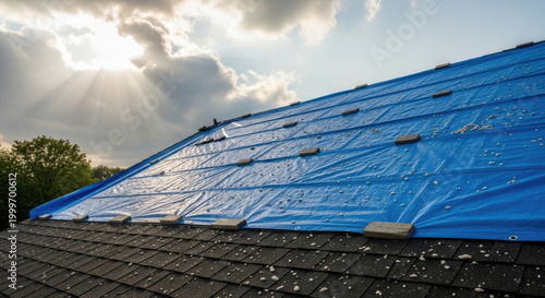 House roof covered with blue tarp for protection during construction or repair against elements