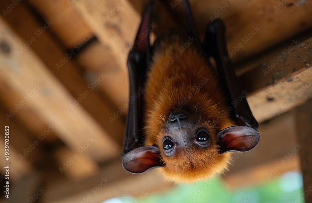 Obraz premium Fuzzy brown bat hangs upside down from wooden beam looking directly at camera. This nocturnal mammal with large ears rests outdoors during daytime.