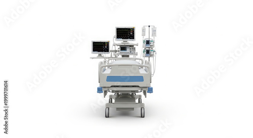 Modern Intensive Care Unit Patient Bed with Multiple Digital Vital Sign Monitors and IV Pole Systems in Hospital Setting