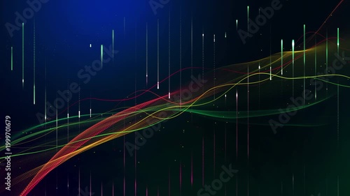 Tech background with neon glowing wavy lines and vertical data bars.