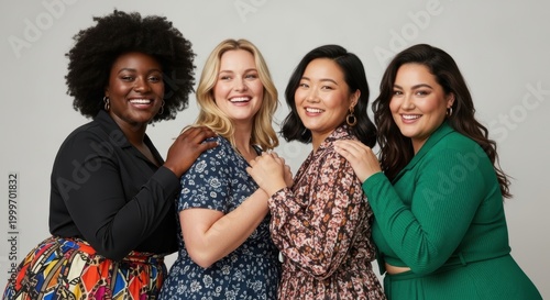 Group of women posing for body positivity, 70s fashion, happy mood, diverse ethnicities