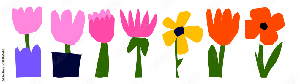 Fototapeta premium Hand crafted papercut tulips and daisies, vibrant flat flower elements.