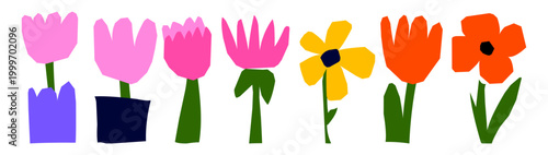 Hand crafted papercut tulips and daisies, vibrant flat flower elements.