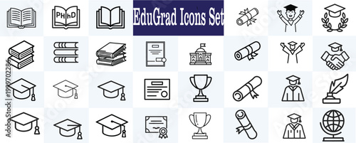 A collection of educational icons features graduation caps, books, diplomas, and trophies symbolizing academic achievement and learning.