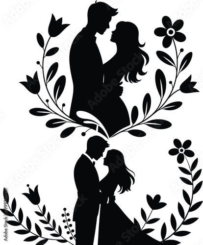 Silhouettes of a couple embracing within floral wreaths represent love, romance, and the celebration of relationships, suitable for wedding or anniversary themes.