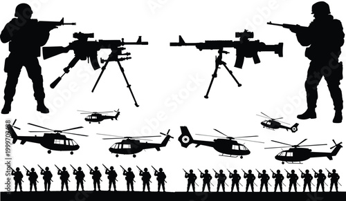 Silhouettes of soldiers holding firearms and military helicopters are arranged in a composition representing armed forces and combat.