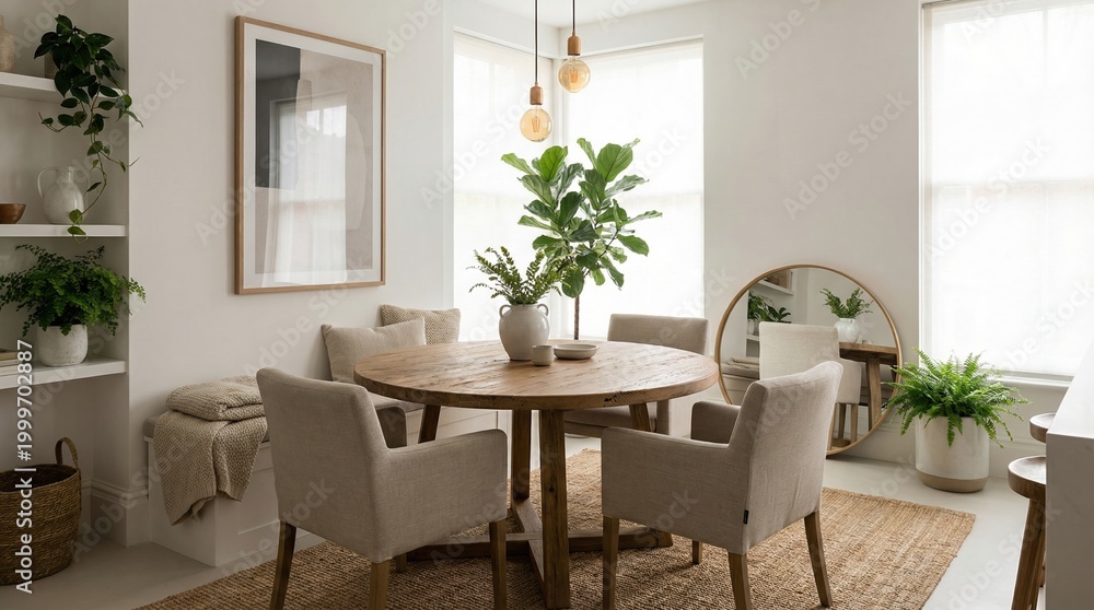 Fototapeta premium Modern dining room featuring a round wooden table surrounded by upholstered chairs and lush green plants, creating a bright and inviting space.