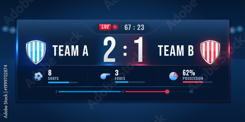 Tableau sur toile Football scoreboard UI live match overlay with statistics