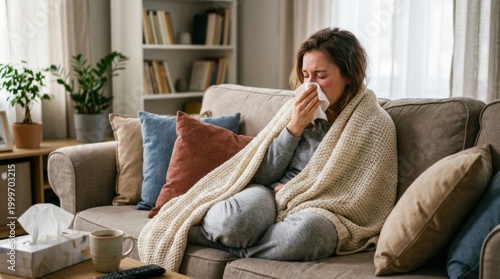 Sick woman blowing her nose with a tissue while resting comfortably on a sofa at home, feeling unwell with cold or flu symptoms.