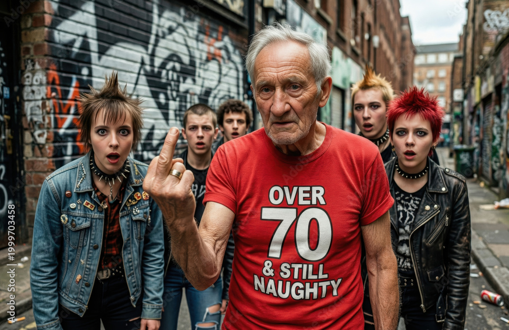 Obraz premium Rebellious senior Caucasian man with provocative gesture and young punk group, urban graffiti background, boldness and defiance