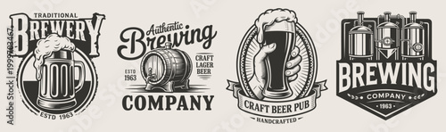 Set of vintage brewery emblems with beer mugs and barrels.