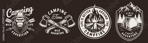 Set of vintage camping emblems with gorilla, axes, and bonfire.