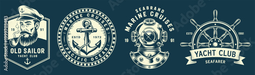 Set of vintage nautical emblems with seaman and sailing elements.