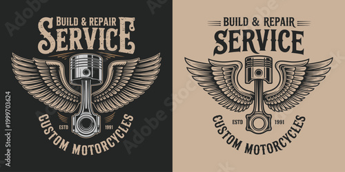 Custom motorcycle build and repair service emblem with winged piston.
