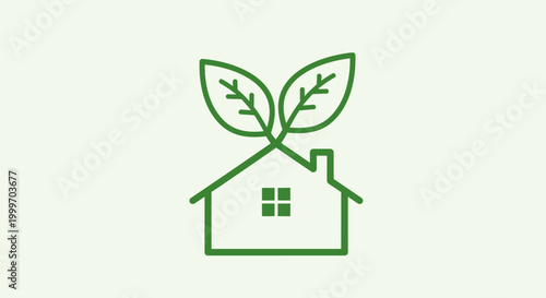 Minimalist green house icon featuring vibrant leaves emerging from the roof, symbolizing sustainable living, eco-friendly homes, and environmental harmony within modern architecture