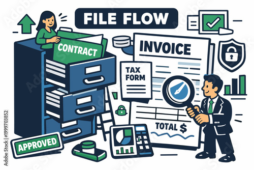 Business document workflow and organization with filing cabinets and contracts