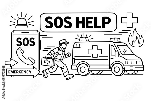 Emergency Response Series. Clean outline banner scene of emergency response and evacuation: a paramedic rushing beside an oversized ambulance and large SOS