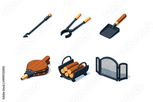 Collection of isometric fireplace accessories for cozy home hearths
