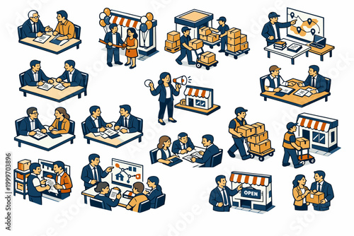 Franchise Business Stories collection of digital illustrations, small isometric scenes across full canvas, varied scale, expert advising franchise owner,