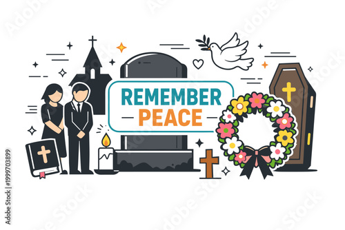 Funeral memorial icons with grieving couple, tombstone, coffin, and dove of peace