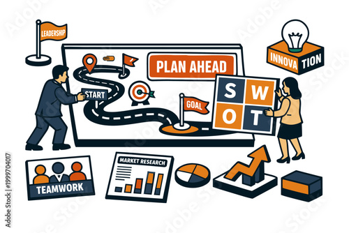 Corporate Strategy Roadmap Collection of digital illustrations showing executives and startup teams in small readable business planning scenes such as mapping