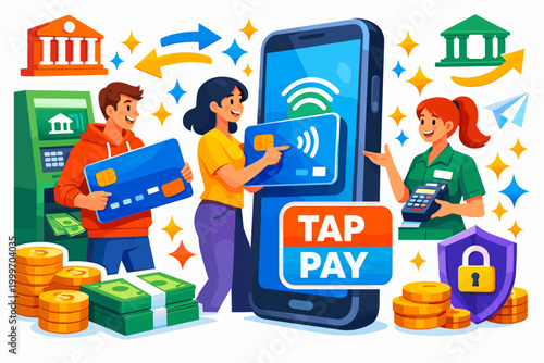Seamless mobile payments with tap to pay technology and credit cards at the bank