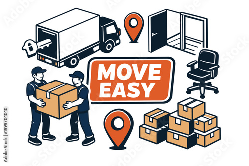 Professional movers carefully transport boxes and furniture with a truck and moving van