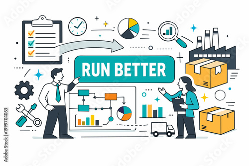 Operations Management Icons. Editorial banner scene about operations management and business logistics, with geometric managers reviewing an oversized flow