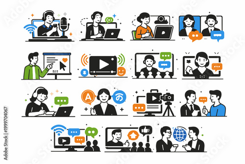 Digital communication and online interaction icons for modern business and education