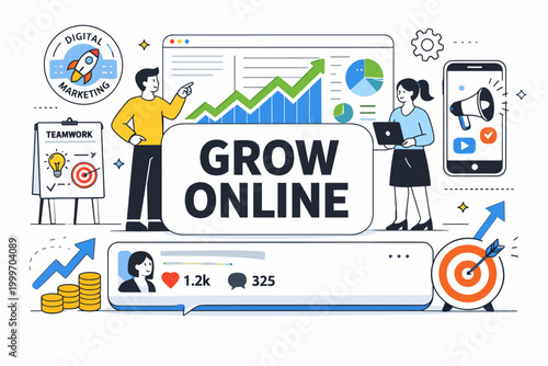 Digital Marketing Growth. Clean editorial banner scene about marketing strategy and digital growth, two stylized professionals beside an oversized analytics