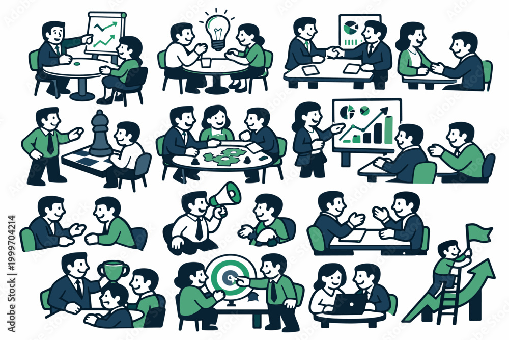 Fototapeta premium Business people collaborating and achieving goals in various office and meeting scenarios