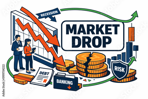 Financial market crash with falling stocks, debt, and recession indicators