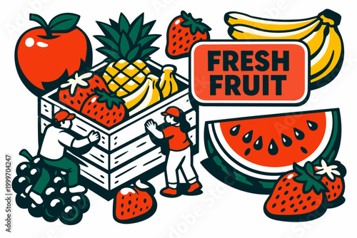 Vibrant illustration of a diverse collection of fresh fruits being harvested and displayed