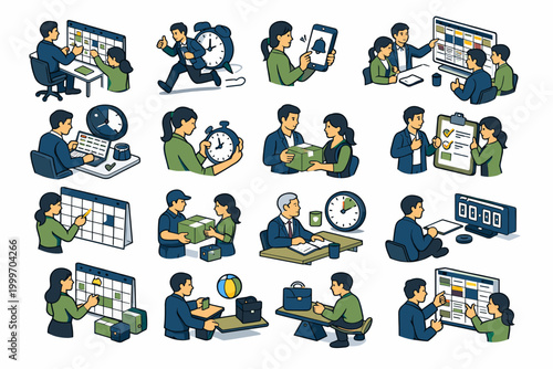 Business people collaborating on projects and managing tasks with calendars and clocks