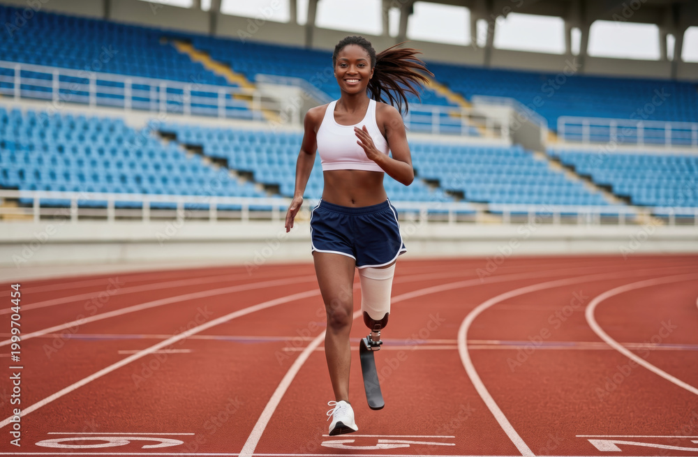 Obraz premium Smiling Black female athlete with prosthetic leg running on track, determination and inclusive sport