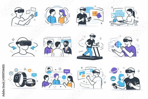 Virtual Reality Metaverse Icons. Virtual reality, augmented reality, metaverse interaction, immersive gaming, holograms, avatars, wearable tech, and futuristic