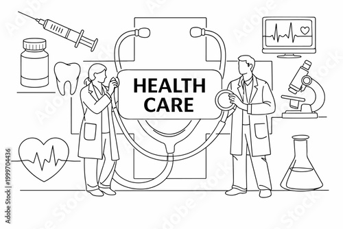 Medical professionals and symbols of health care, research, and treatment