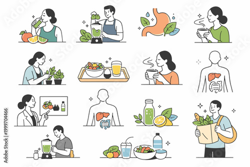 Healthy lifestyle icons showing nutrition, wellness, and organic food choices