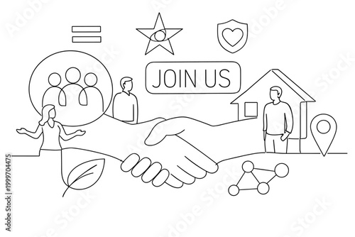Modern Community Network. Clean one-line drawing community collaboration scene with two people beside an oversized group circle and house block filling the