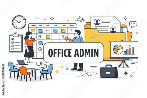 Office administration concept with planning, tasks, and data analysis elements