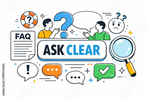 Question FAQ Support Icons. Editorial banner scene about questions and web support, with geometric users discussing an oversized question mark and giant speech