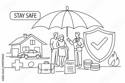 Family and agent discuss insurance policy under umbrella for protection