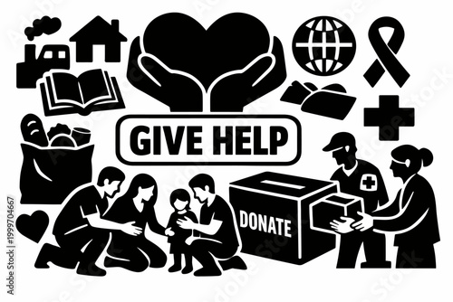 Charity Welfare Support. Solid glyph icon set of charity, social welfare, donation, volunteering, community support, and humanitarian aid: helping hands,