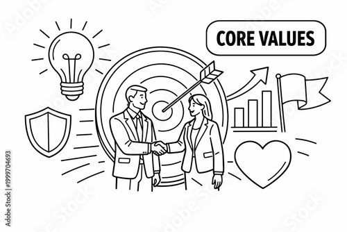 Business professionals shaking hands symbolizing core values and company success