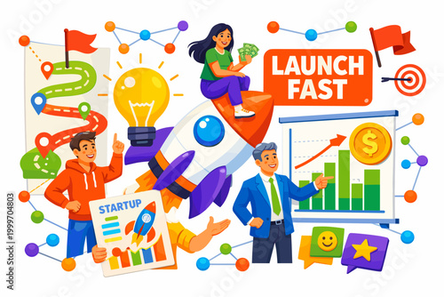 Business team launching a new venture with a rocket and growth charts