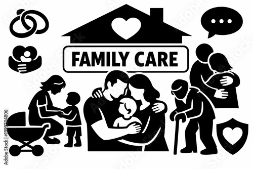 Diverse family icons representing love, support, and care across generations