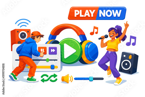 Digital music player controls with people enjoying audio and singing along