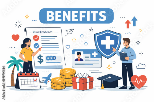 Employee benefits program illustration showing compensation, health insurance, and rewards
