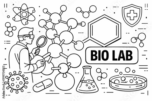 Scientist examines molecular structures and viruses in a bio lab setting